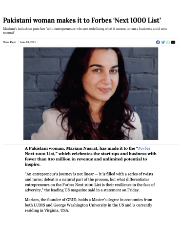 Another milestone:<br>Pakistan’s Mariam Nusrat makes it<br>to Forbes Next 1000 List